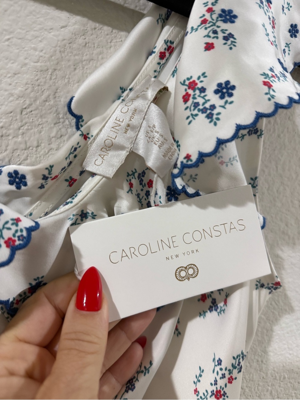 NWT Caroline Constas White Maxi Dress w/ Navy Floral embroidery silky ruffles - Picture 6 of 10